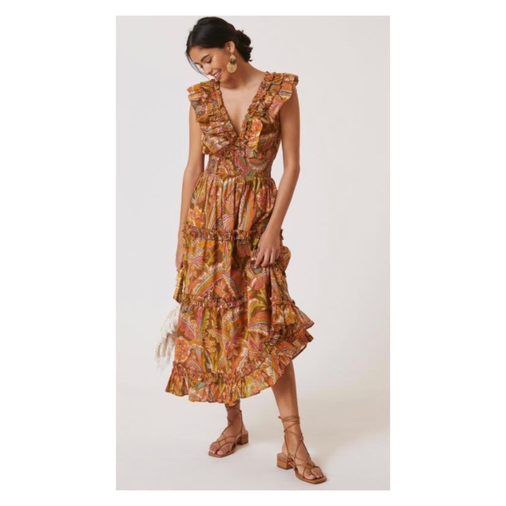 NWOT Anthropologie Love The Label Topanga Ruffled V Neck Dress in Brown Motif S